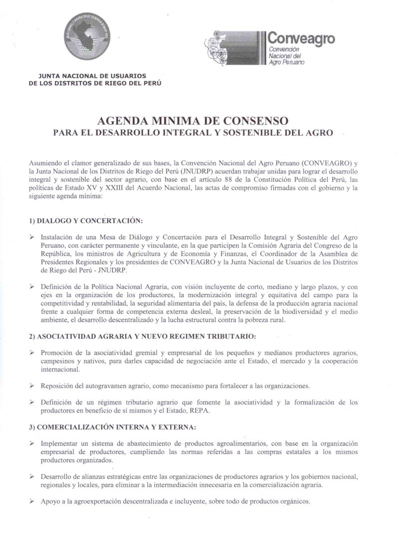 Agenda Mínima de Consenso par el Desarrollo Integral y sostenible del Agro.