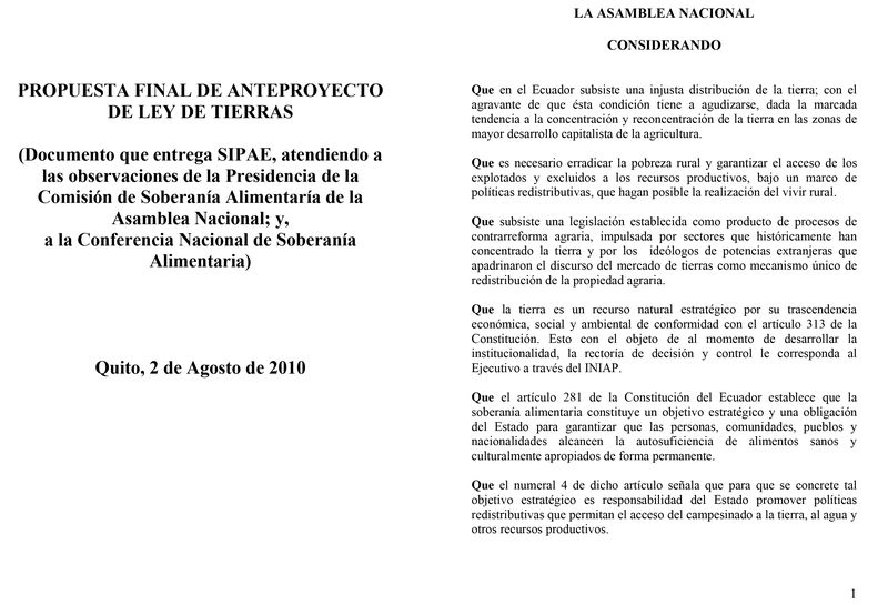Propuesta final de anteproyecto de Ley de tierras