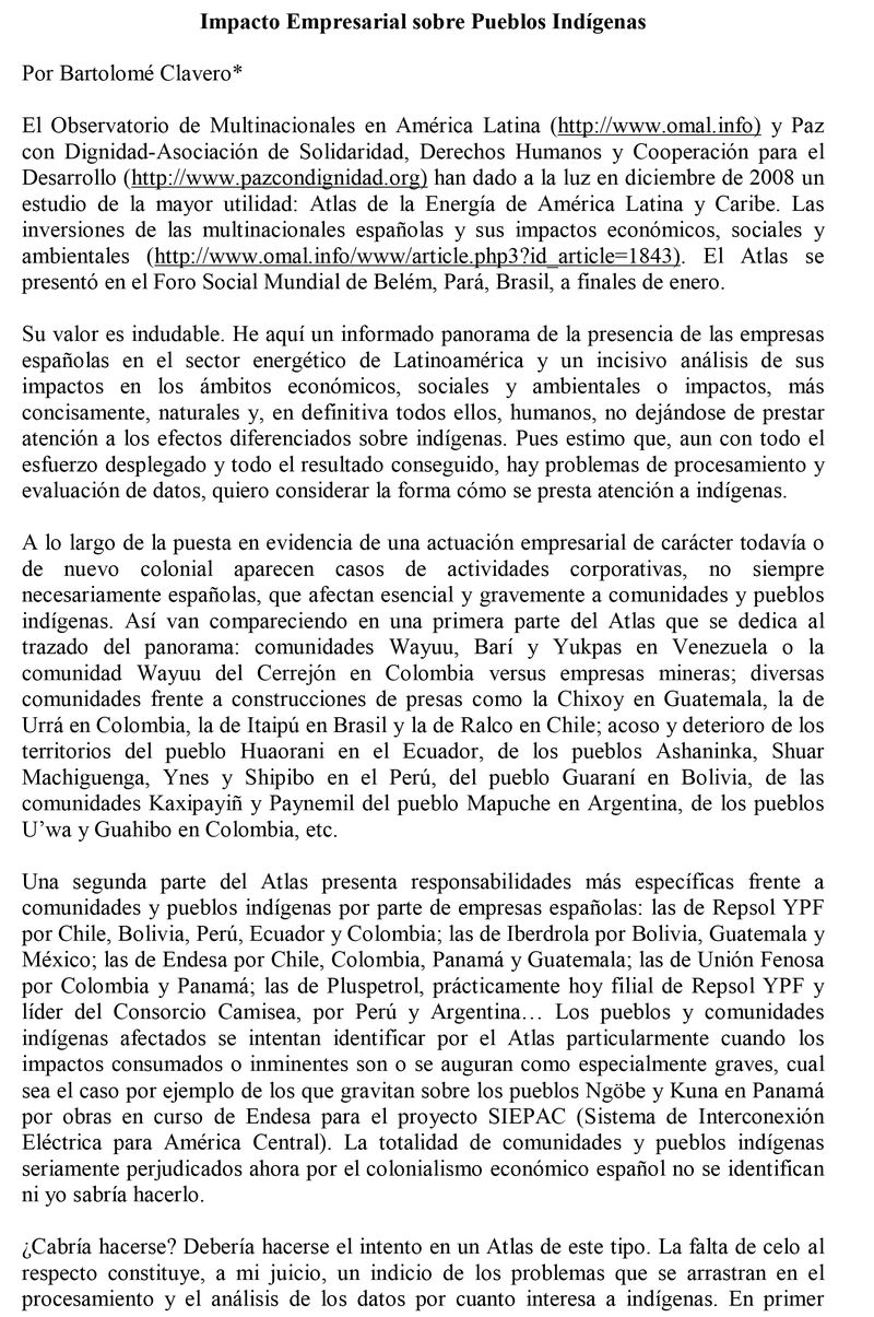 Impacto Empresarial sobre Pueblos Indígenas