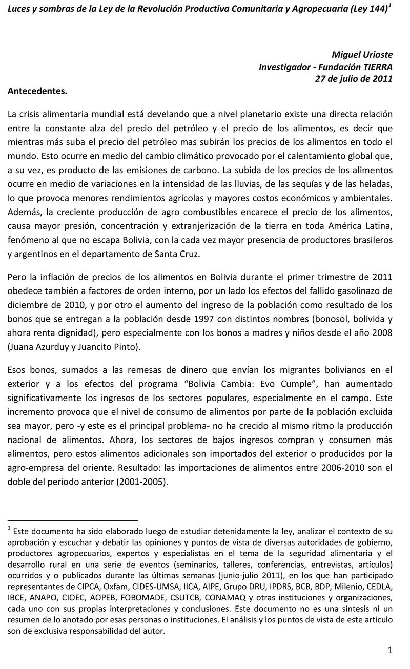 Luces y sombras de la Ley de la Revolución Productiva Comunitaria y Agropecuaria (Ley 144)