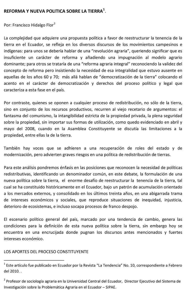 Reforma y nueva politica sobre la tierra