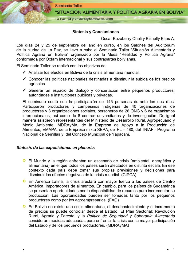 Síntesis y Conclusiones: Seminario Crisis Alimentaria y Política Pública